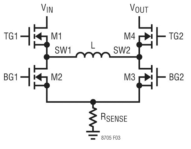 由 LT8705 驅動 4 個 MOSFET 開關的簡化示意圖