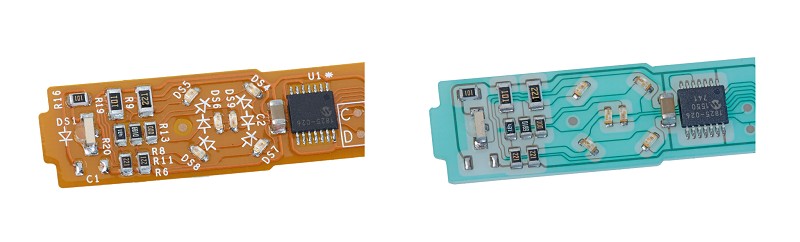 SMT 元件：（左）聚醯亞胺上的FPC、（右）聚酯上的PE
