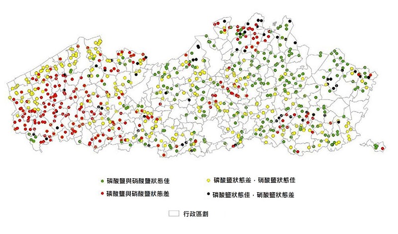 法蘭德斯環境署（VMM）架設了地表水監測網路MAP，以測量農業地區水道內的養分含量。圖為MAP於2018-2019年冬季評測硝酸鹽和磷酸鹽的結果。目前大多數的水質讀數來自人工採樣的樣本，並以離線方式或在實驗室分析這些樣本。（source：VMM）