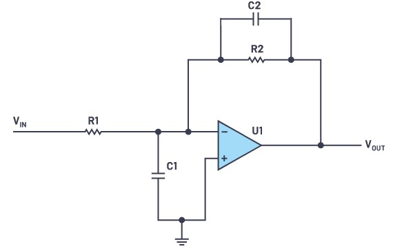 透過在R2兩端放置電容減少運算放大器頻寬（source：ADI）