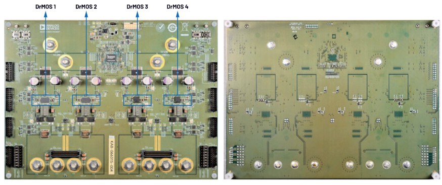 DrMOS評估板，頂部和底部。PCB尺寸：203 mm × 152 mm × 1.67 mm （L × H × W），2 盎司銅厚度