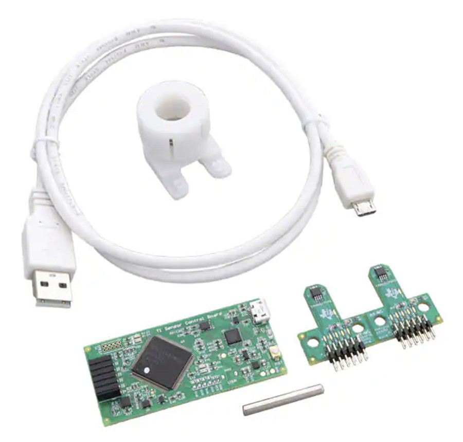 TMAG5170EVM 和 TMAG5273EVM 都包括一個具有兩個不同 3D 霍爾效應感測器 IC（右下）、一個感測器控制板（左下）、3D 列印旋轉和推動模組（中）和一條 USB 纜線提供電源。（source：Texas Instruments）