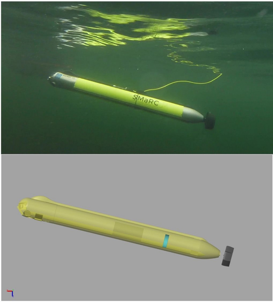 SAM AUV（上）和其3D圖示（下）。SAM是由瑞典皇家理工學院的海洋機器人中心所設計。