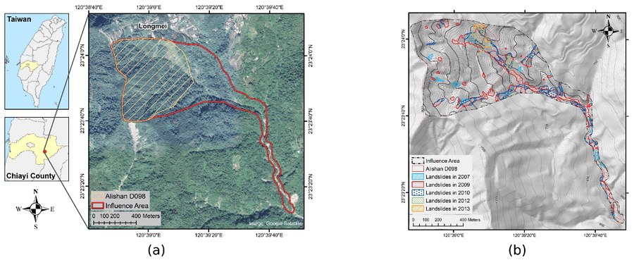：（a）阿里山D098影響區位置；（b）歷年滑坡面積。（source：MDPI Journals）