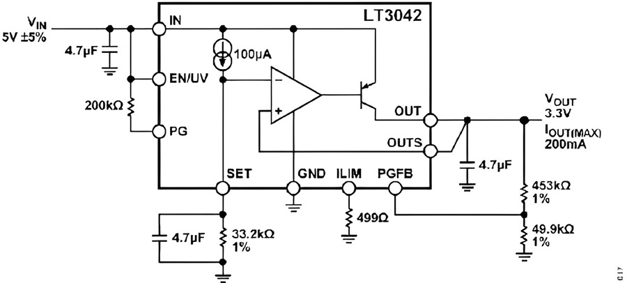 LT3042 提供 3.3 V 輸出所需的配置