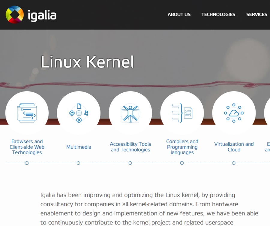 Igalia公司官網強調該公司擅長的多項技術中，Linux核心效能提升也是其一（圖片來源：Igalia）