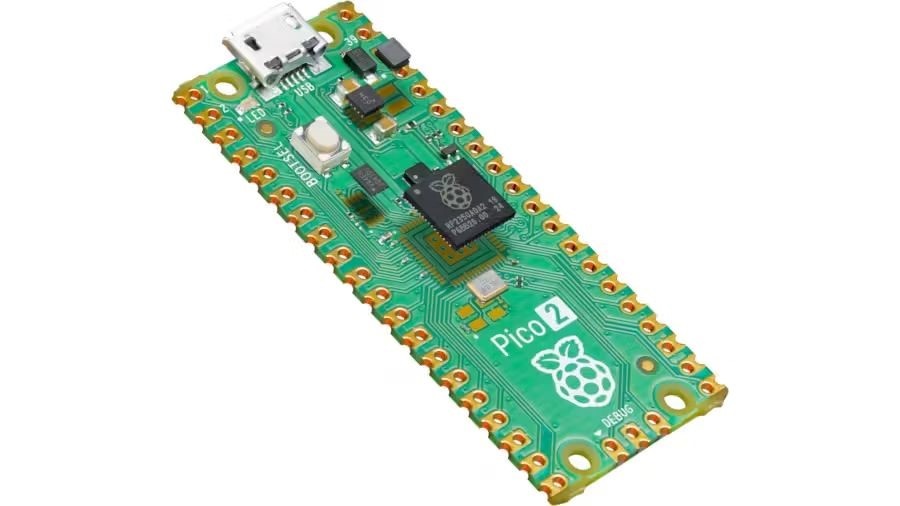 Raspberry Pi Pico 2板卡與板卡上的主控晶片RP2350（圖片來源：樹莓派）