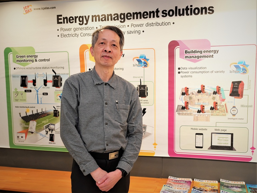 泓格科技總經理鄭樹發推薦iSN-301系列單通道測距模組，可精確檢測停車場每個車位的車輛進出情況，並根據距離變化，自動調節照明和空調系統。（攝影：陳念舜）