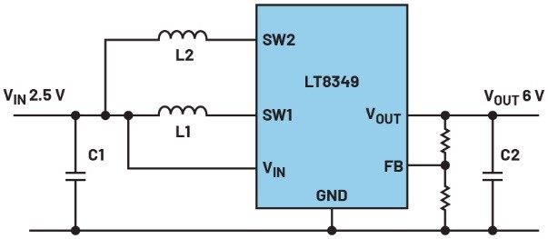 兩相升壓轉換器提升電池電壓的實際應用（簡化示意圖）。