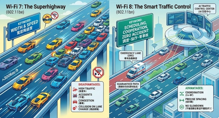 以公路交通來比較Wi-Fi 7與Wi-Fi 8的主要差異。