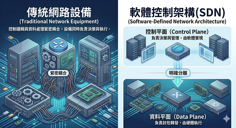 傳統網路架構與軟體控制架構的比較示意圖。