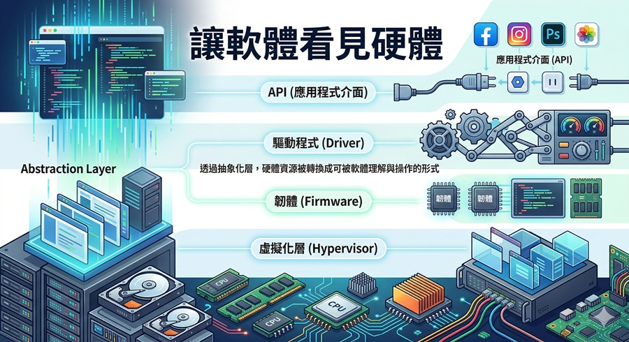 軟體控制硬體的關鍵，在於抽象化。透過抽象化層，硬體資源被轉換成可被軟體理解與操作的形式。