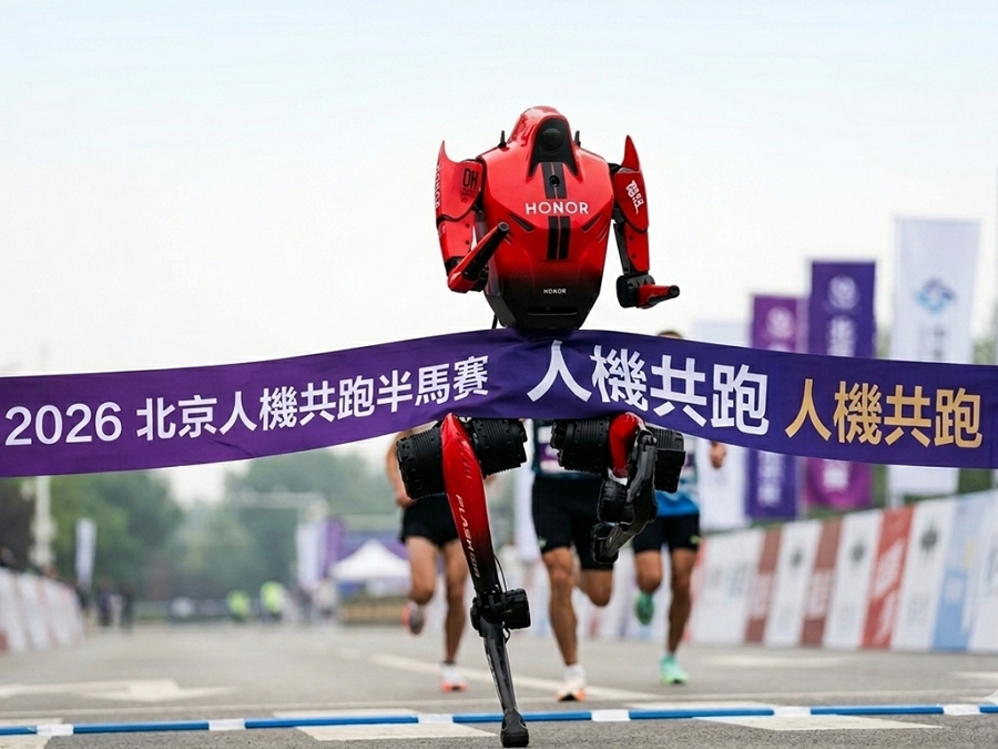 人形機器人半程馬拉松競賽最終由榮耀公司研發的機器人奪冠。