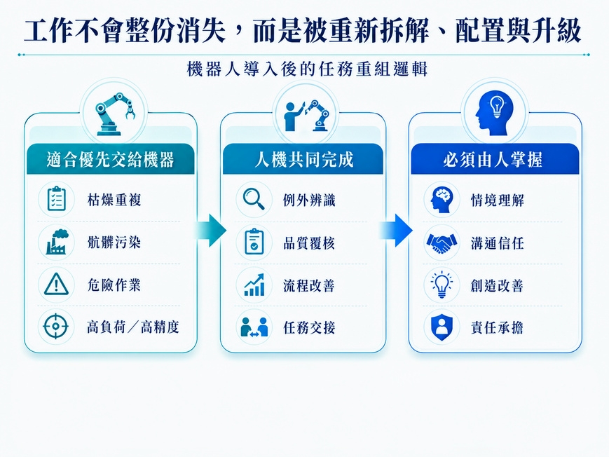 缺工時代的人機分工，不是整份職業的消失，而是任務被重新配置。(資料來源:本刊整理)