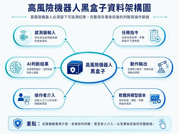 圖六 : 高風險機器人事件黑盒子應記錄的六類資料。(資料來源:本刊整理)