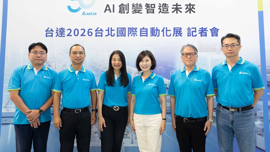 台達亮相2026台北國際自動化工業大展，台達品牌長郭珊珊(右三)與台達機電事業群總經理高璐華(右四) 率領台達主管群出席記者會。