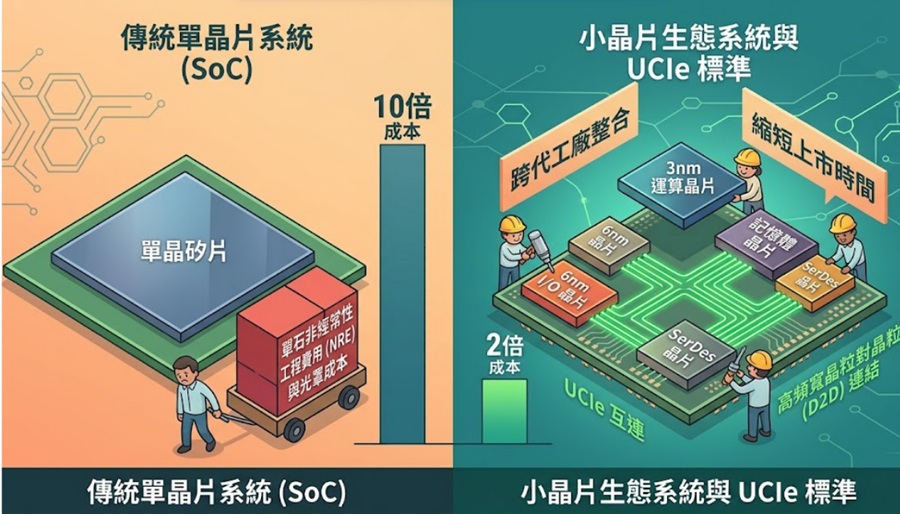 傳統SoC與小晶片生態系的區別。