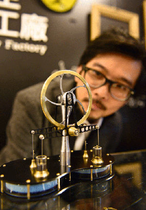 Mr. Sci’s Science Toy Factory founder Kevin Lin aims to make science fun through well-designed, entertaining products. The photo shows a Stirling heat engine.