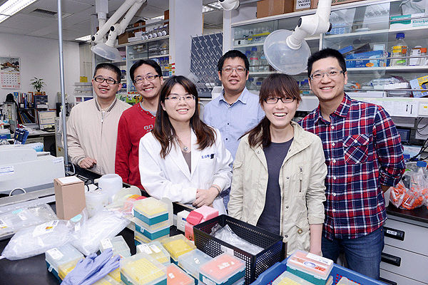 Chen Yun-ru (third from left) leads a lab in the Academia Sinica’s Genomics Research Center that studies protein folding mechanisms, as well as diseases caused by misfolding. (photo by Hao Cheng-tai)