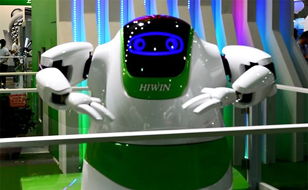 Hiwin technology showcased a service robot which can interact with people.