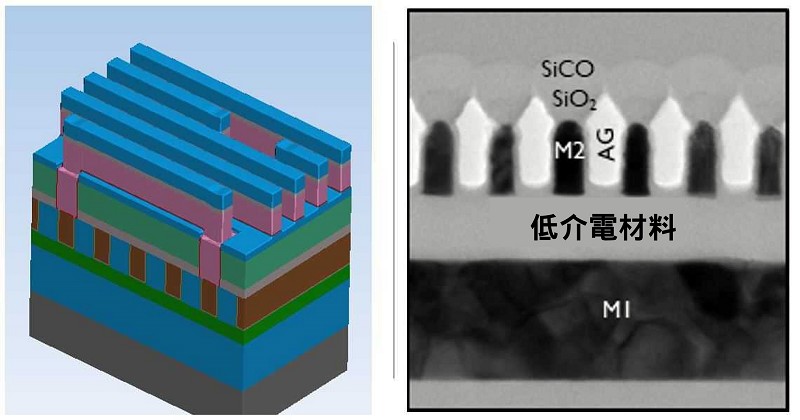 半鑲嵌製程模組的示意圖（左圖）以及其掃描式電子顯微鏡（SEM）影像（右圖）。