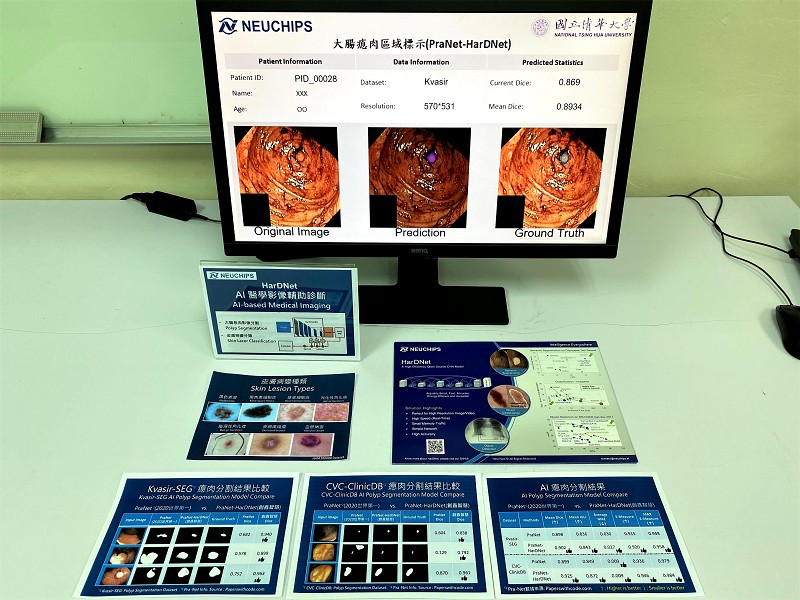 卷積神經網路（CNN）具備高準確度，展現優異的影像辨識能力，創鑫智慧（NEUCHIPS）成功開發了CNN演算法HarDNet，並在短時間內研發出其用於生醫領域的解決方案，於日前的台灣醫療科技展中展出。（source：創鑫智慧／攝影：黃慧心）