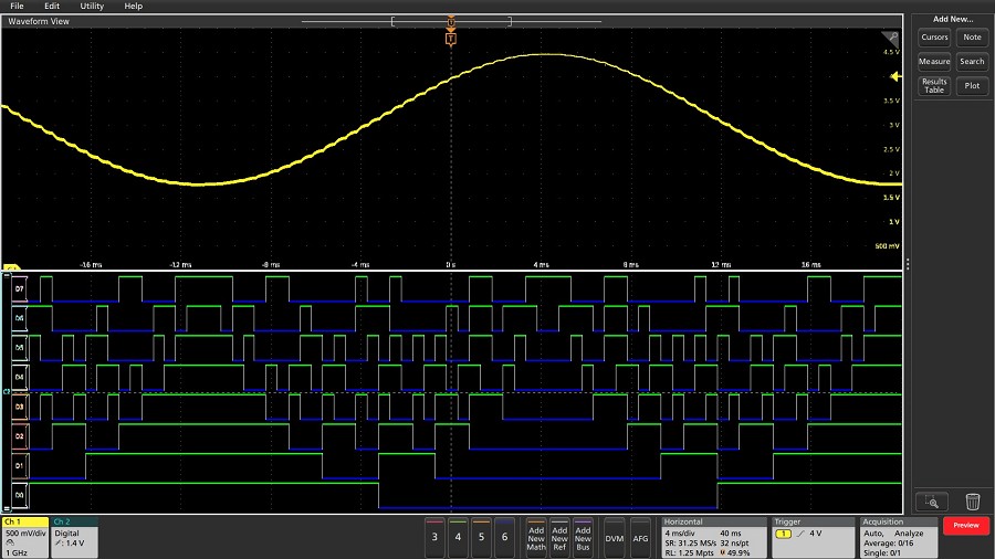 MSO可精確顯示類比與數位訊號並進行比較。（source：tektronix.com）