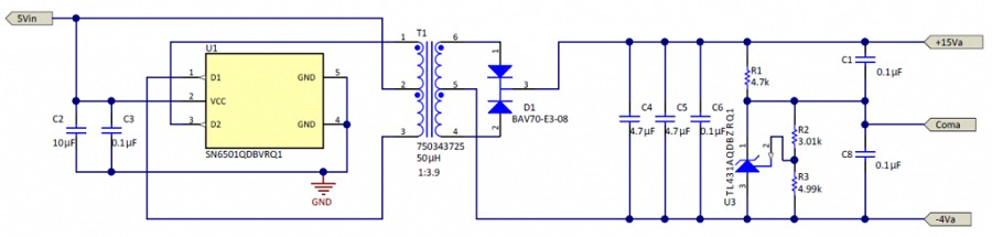利用TIDA-01605的推挽電路來為MOSFET驅動器產生15 V/–4 V