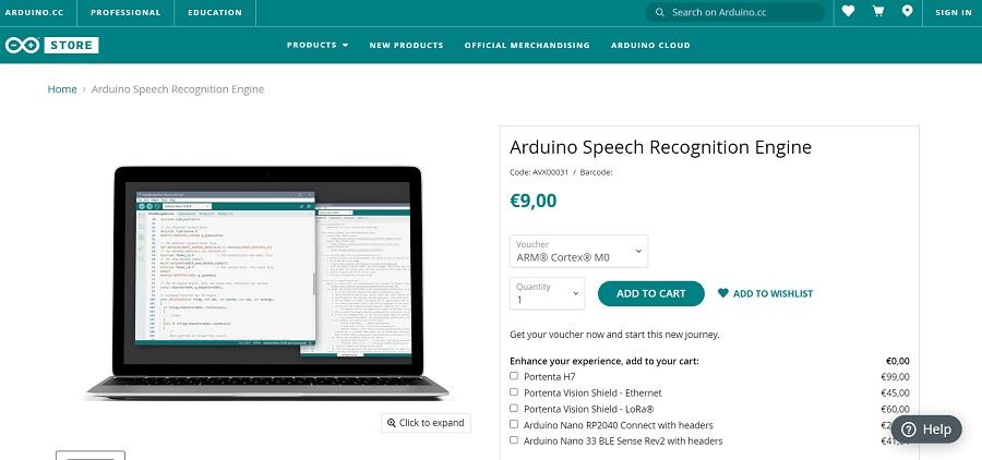 Arduino官方銷售9歐元的語音識別引擎（圖片來源：Arduino官網）