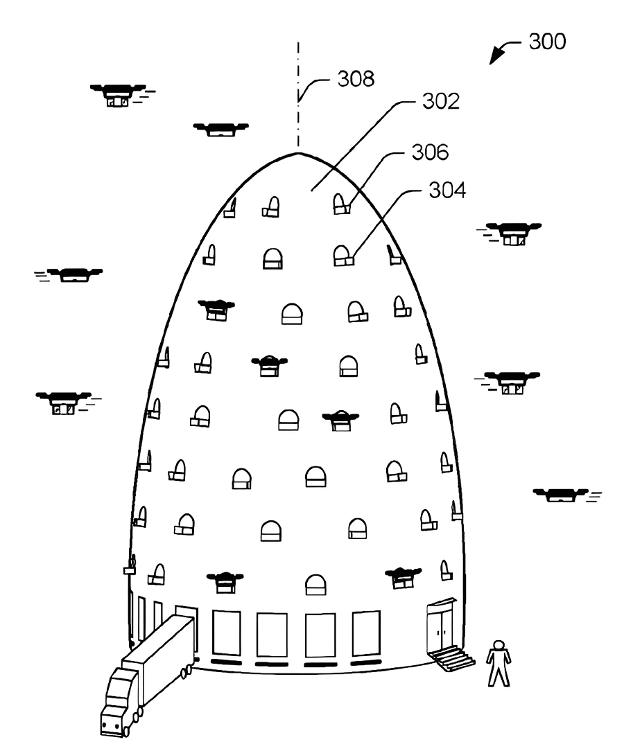 Amazon設計具有朝物流中心頂部匯聚的多層物流中心。（source:美國專利公告號US9777502B2）