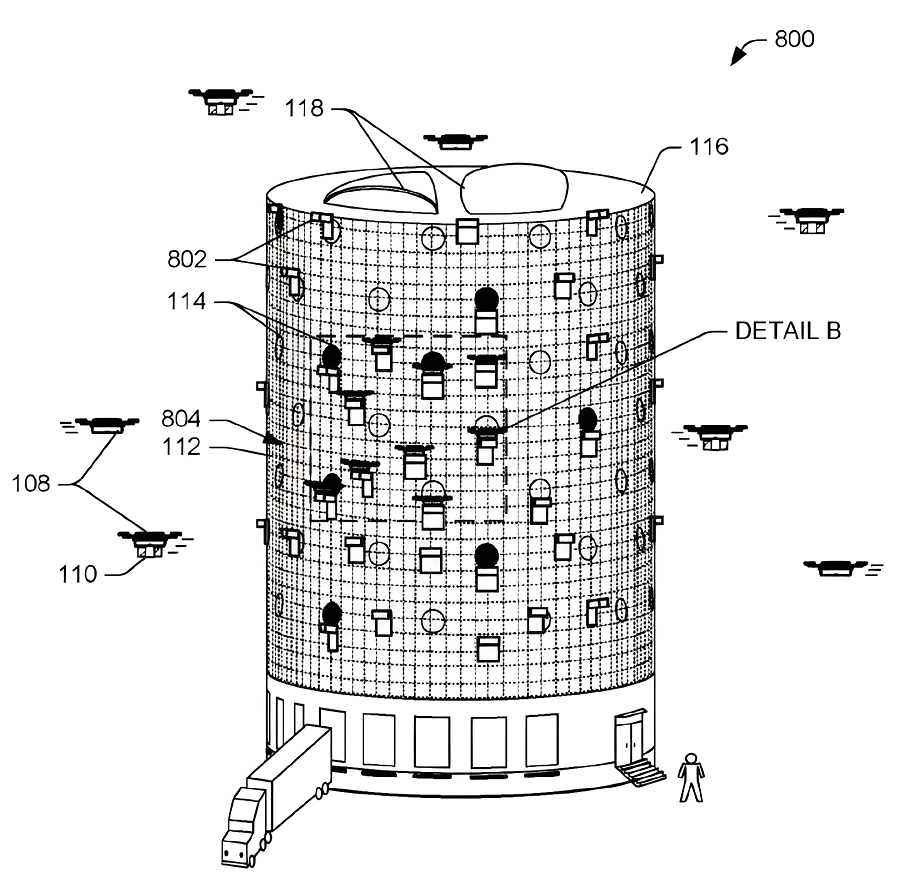 Amazon設計具有網格結構的多層物流中心。（source：美國專利公告號US9777502B2）