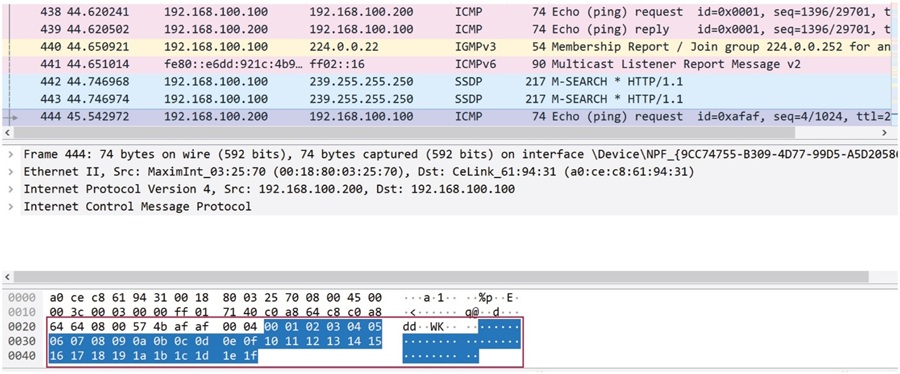 Wireshark程式中顯示的ping資料封包