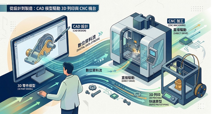 在機械設計領域，CAD模型可以驅動CNC機台或3D列印設備生成零件。