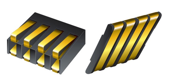 75ABJ-4-M0E（左）與 75ABJ-4-F0E（右）彈簧觸點的觸點間距為 1.27 mm，且在單元端對端堆疊時依舊會維持此間距。（圖片來源：Bourns）